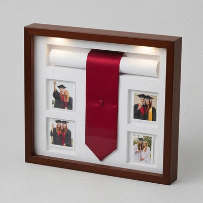 Shadow box displaying a graduation stole, diploma, and graduation photos, capturing cherished memories