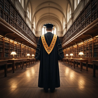 Doctoral gown with academic regalia, historical setting, symbolizing tradition and learning