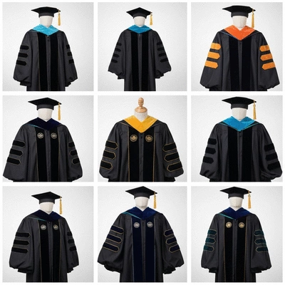 Modern doctoral graduation gown with various colored trims and styles, representing academic achievement