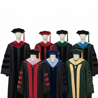 Academic hoods displayed on mannequins, showing different colors and styles for various degrees, clean background, no text, no words, no typography, 8K