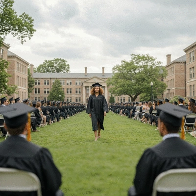 High school student in cap and gown walking across a stage at a graduation ceremony