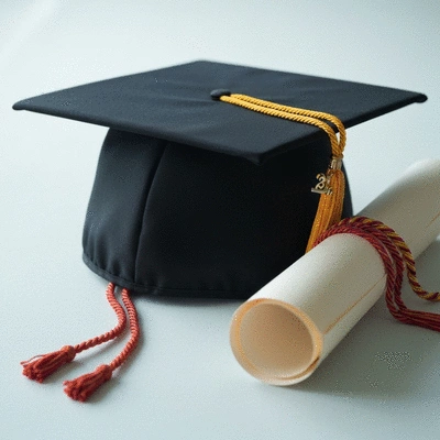 Graduation cap with honor cords and a diploma