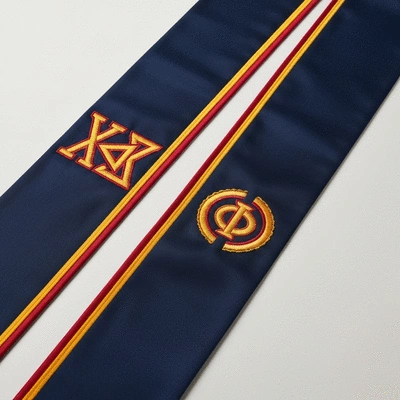Fraternity graduation stole with embroidered symbols on display