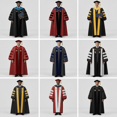 Diverse academic regalia with various colors and designs