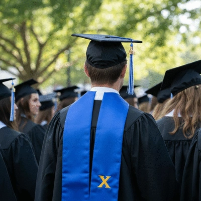 Graduate wearing a fraternity stole during a graduation ceremony