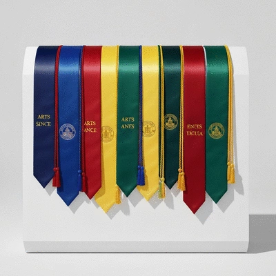 Graduation stoles in various colors draped neatly on a display, representing different academic achievements