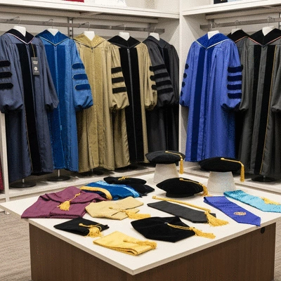 Several doctoral graduation gowns and accessories displayed neatly in a store
