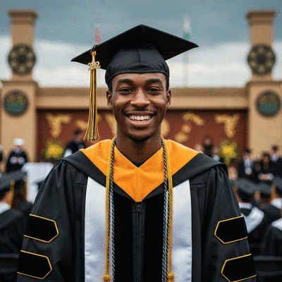 Graduate proudly wearing an academic hood, smiling, with a blurred graduation ceremony background, no text, no words, no typography, 8K