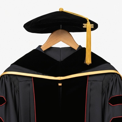 Close-up of a doctoral graduation gown with a colorful hood and tam on a hanger